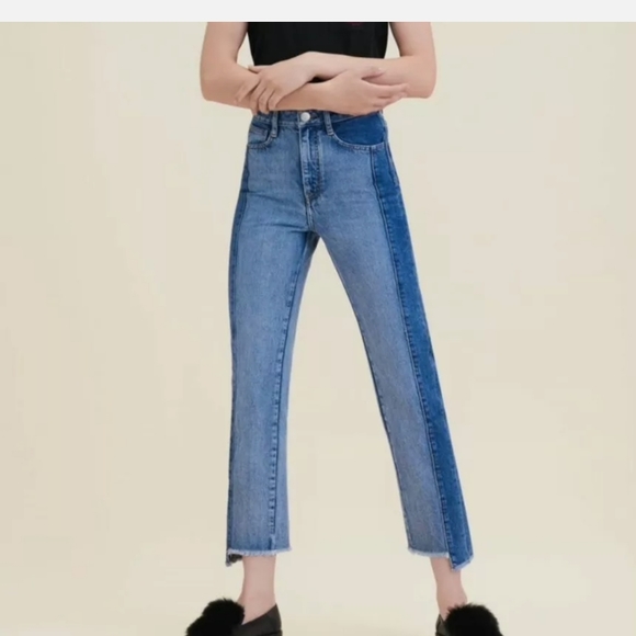 MAJE Packy Straight Cut Two Tone Faded Blue Jeans Gold Zipper FR 34 US 0 - Picture 2 of 12